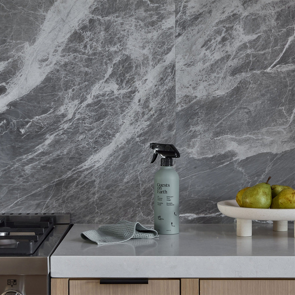 Interior designed kitchen with All Purpose Cleaner and Microfiber Cloths
