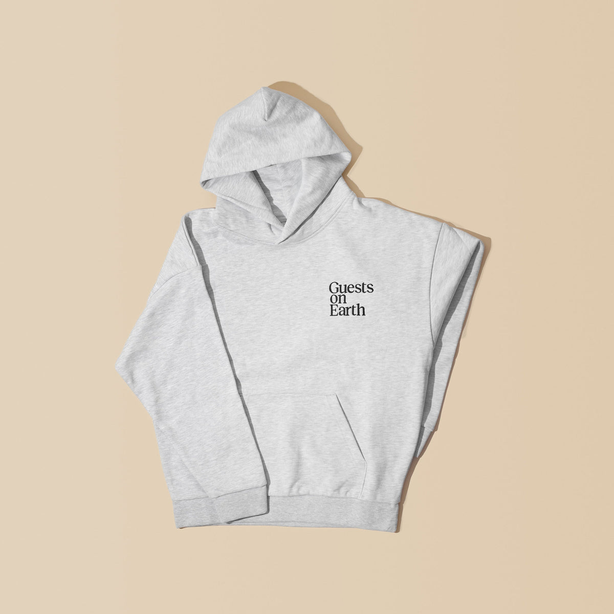Guests on Earth Hoodie in heather grey with minimalist chest logo, laid flat on a warm beige background